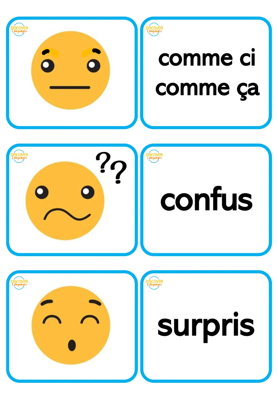 French-only picture and word cards: comme ci comme ça (so-so), confus (confused), surpris (surprised)