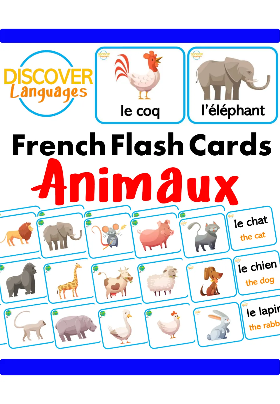 French Flash Cards Animaux cover by Discover Languages with picture cards of farm and zoo animals and le coq, l'éléphant