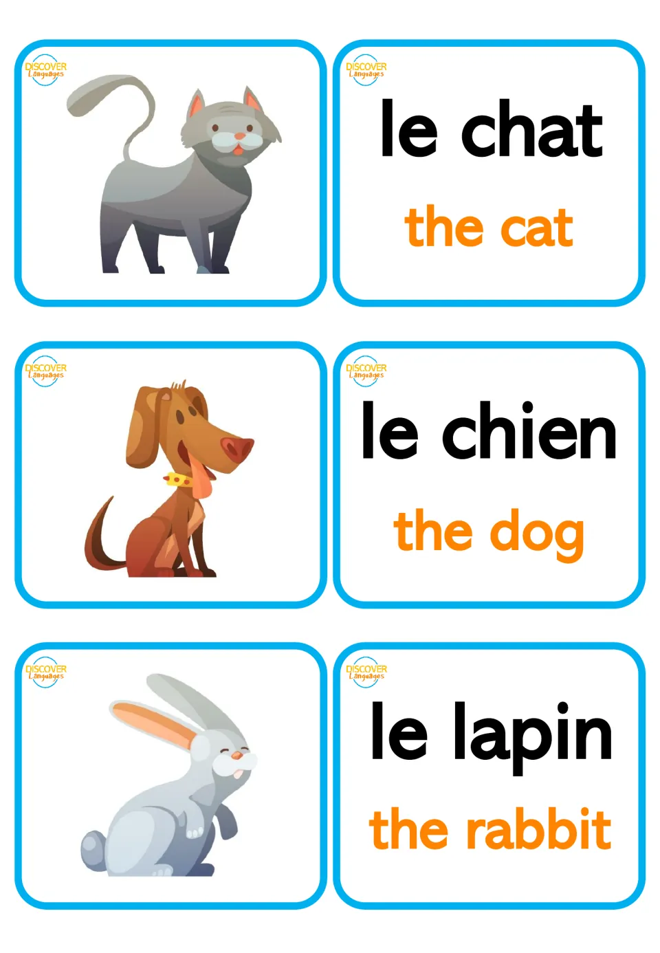 French pet vocabulary: picture cards of a cat, dog and rabbit paired with word cards le chat, le chien and le lapin