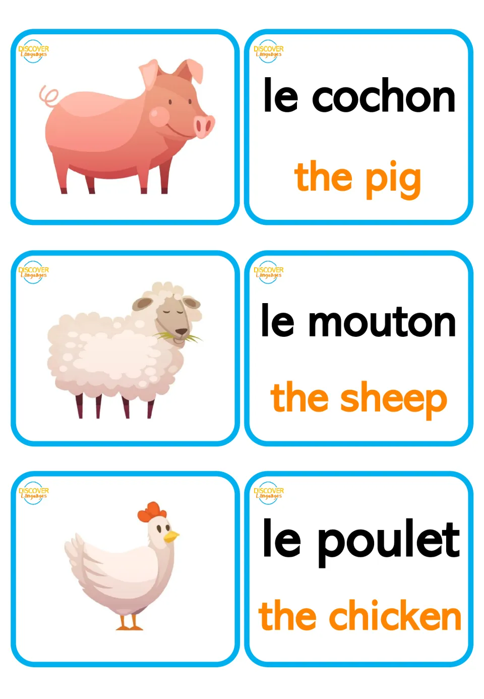 French farm animal words: pig, sheep and chicken picture cards matched to le cochon, le mouton and le poulet with English