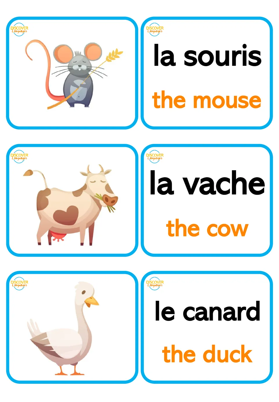 French animal words with la and le: mouse, cow and duck pictures beside cards for la souris, la vache and le canard