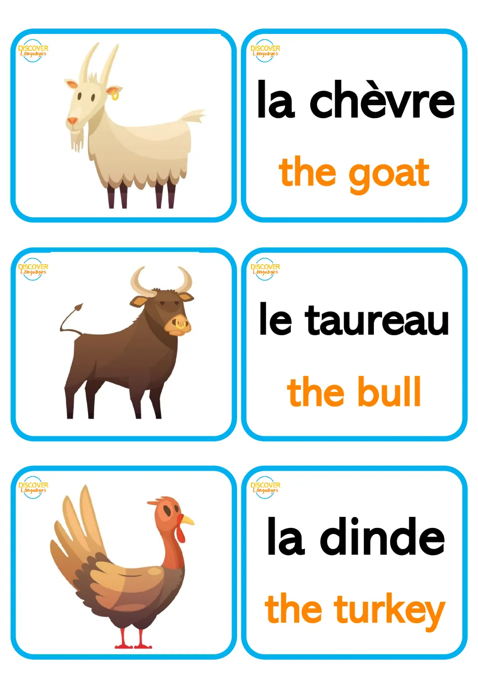 French farm vocabulary: goat, bull and turkey picture cards paired with la chèvre, le taureau and la dinde plus English