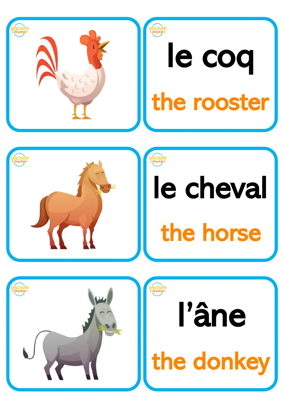 French farm animal names: rooster, horse and donkey pictures with word cards le coq, le cheval and l'âne plus English