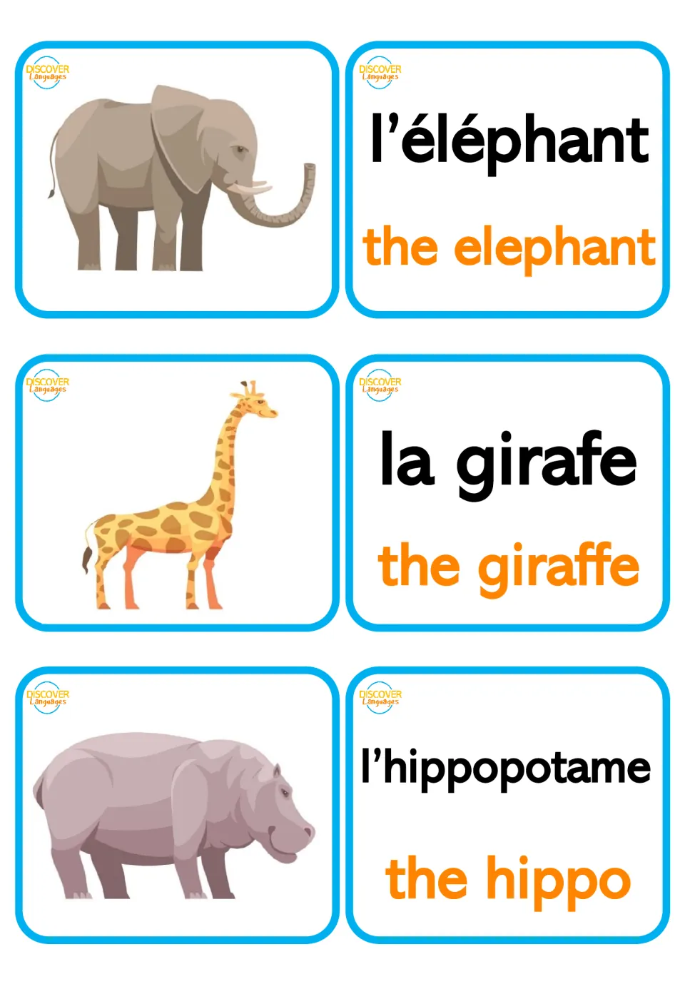 French zoo animal words: elephant, giraffe and hippo picture cards paired with l'éléphant, la girafe and l'hippopotame
