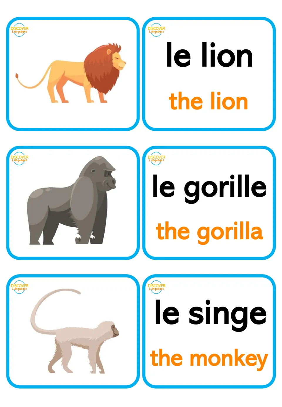 French zoo vocabulary: lion, gorilla and monkey pictures beside word cards le lion, le gorille and le singe with English