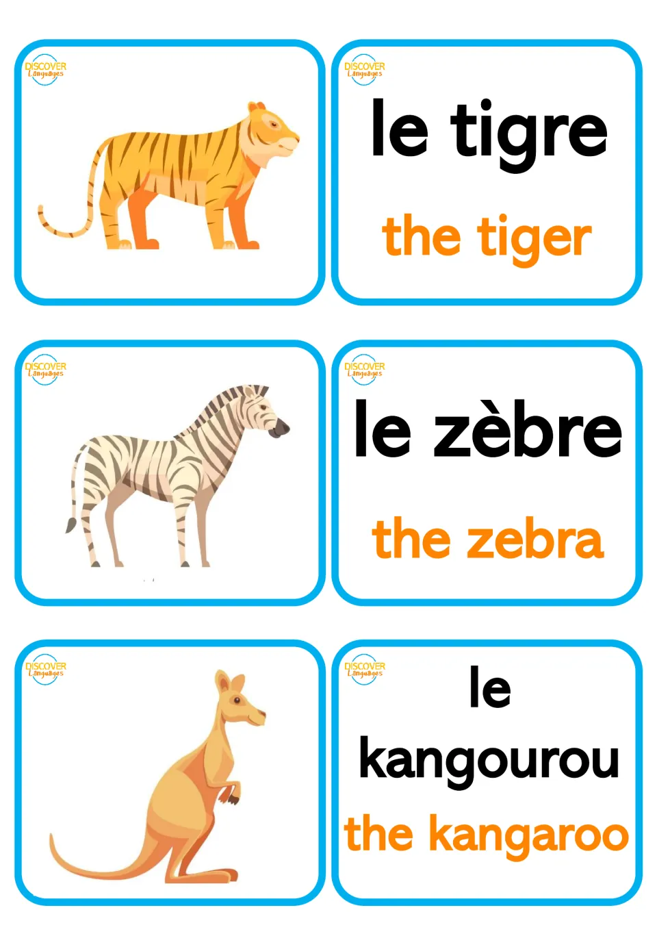 French wild animal words: tiger, zebra and kangaroo picture cards matched to le tigre, le zèbre and le kangourou