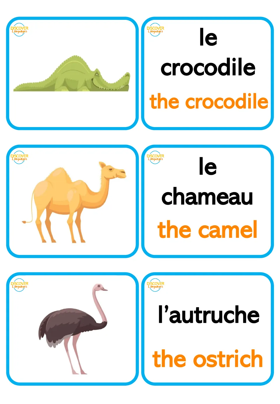 French zoo animal names: crocodile, camel and ostrich pictures paired with le crocodile, le chameau and l'autruche cards