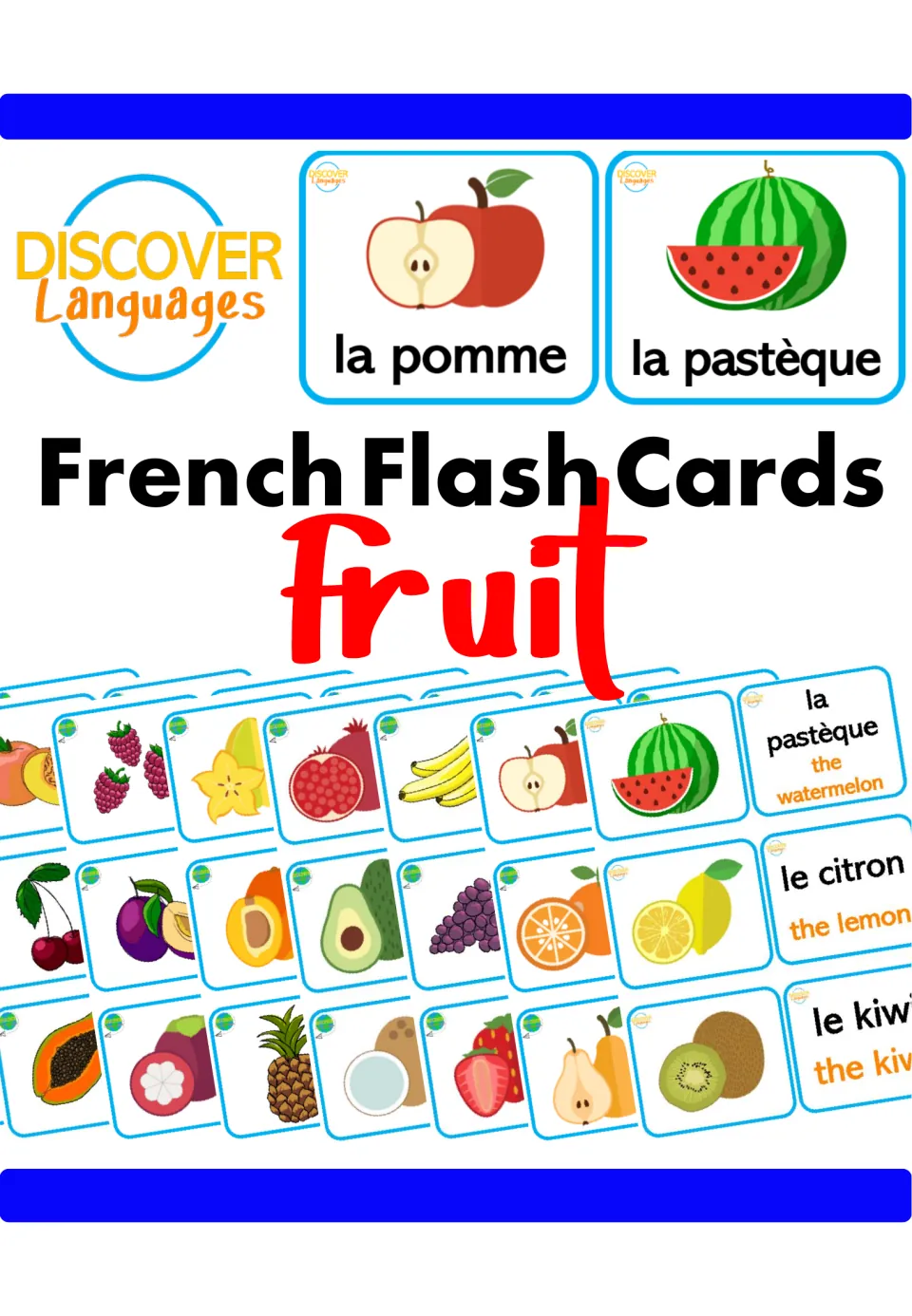 Cover of French Flash Cards for Beginners - Fruit, showing sample fruit pictures and French vocabulary cards