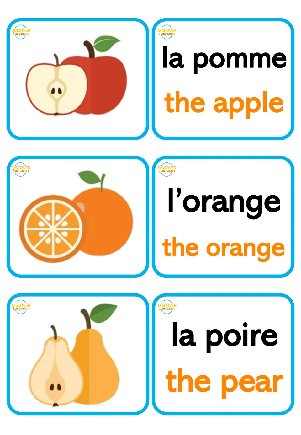 Bilingual fruit flashcard pairs: la pomme (apple), l’orange (orange), and la poire (pear), with pictures
