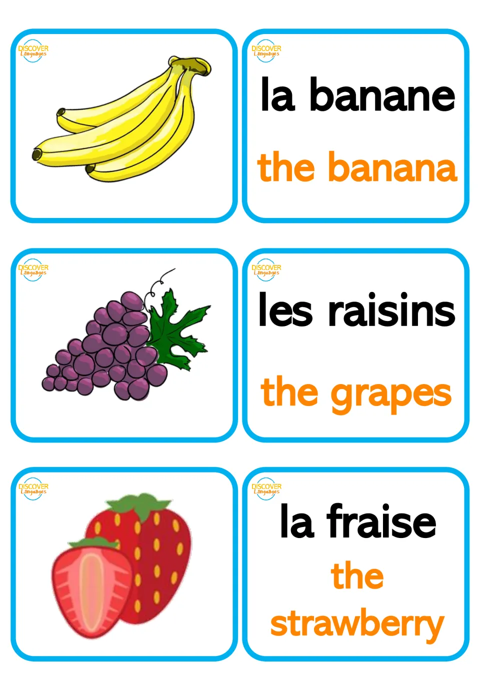 Bilingual fruit flashcard pairs: la banane (banana), les raisins (grapes), and la fraise (strawberry)