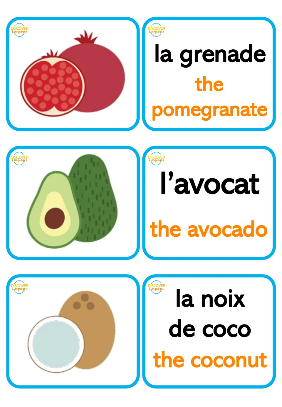 Bilingual fruit flashcard pairs: la grenade (pomegranate), l’avocat (avocado), and la noix de coco (coconut)