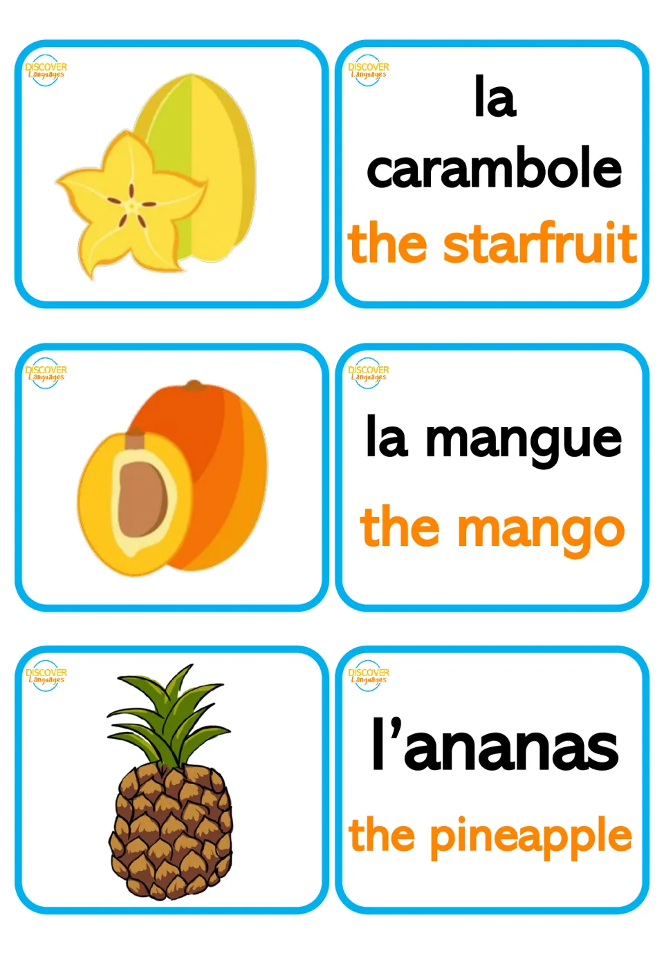 Bilingual fruit flashcard pairs: la carambole (starfruit), la mangue (mango), and l’ananas (pineapple)