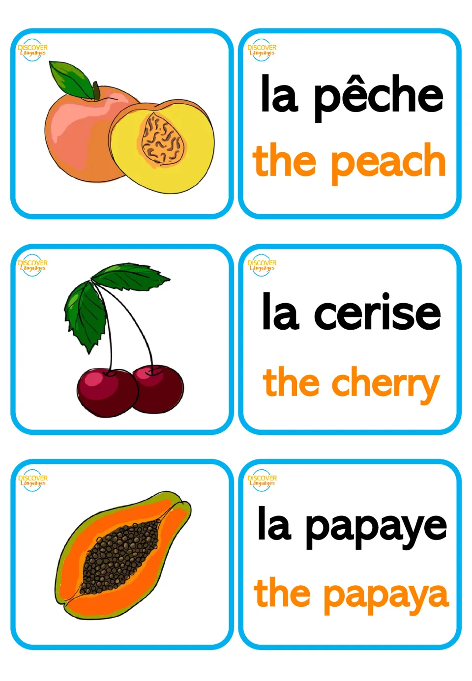 Bilingual fruit flashcard pairs: la pêche (peach), la cerise (cherry), and la papaye (papaya), with pictures