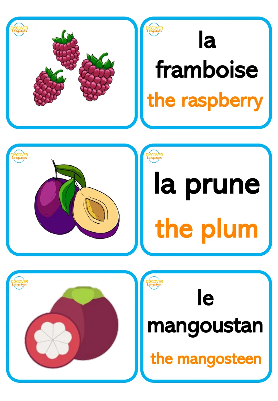 Bilingual fruit flashcard pairs: la framboise (raspberry), la prune (plum), and le mangoustan (mangosteen)