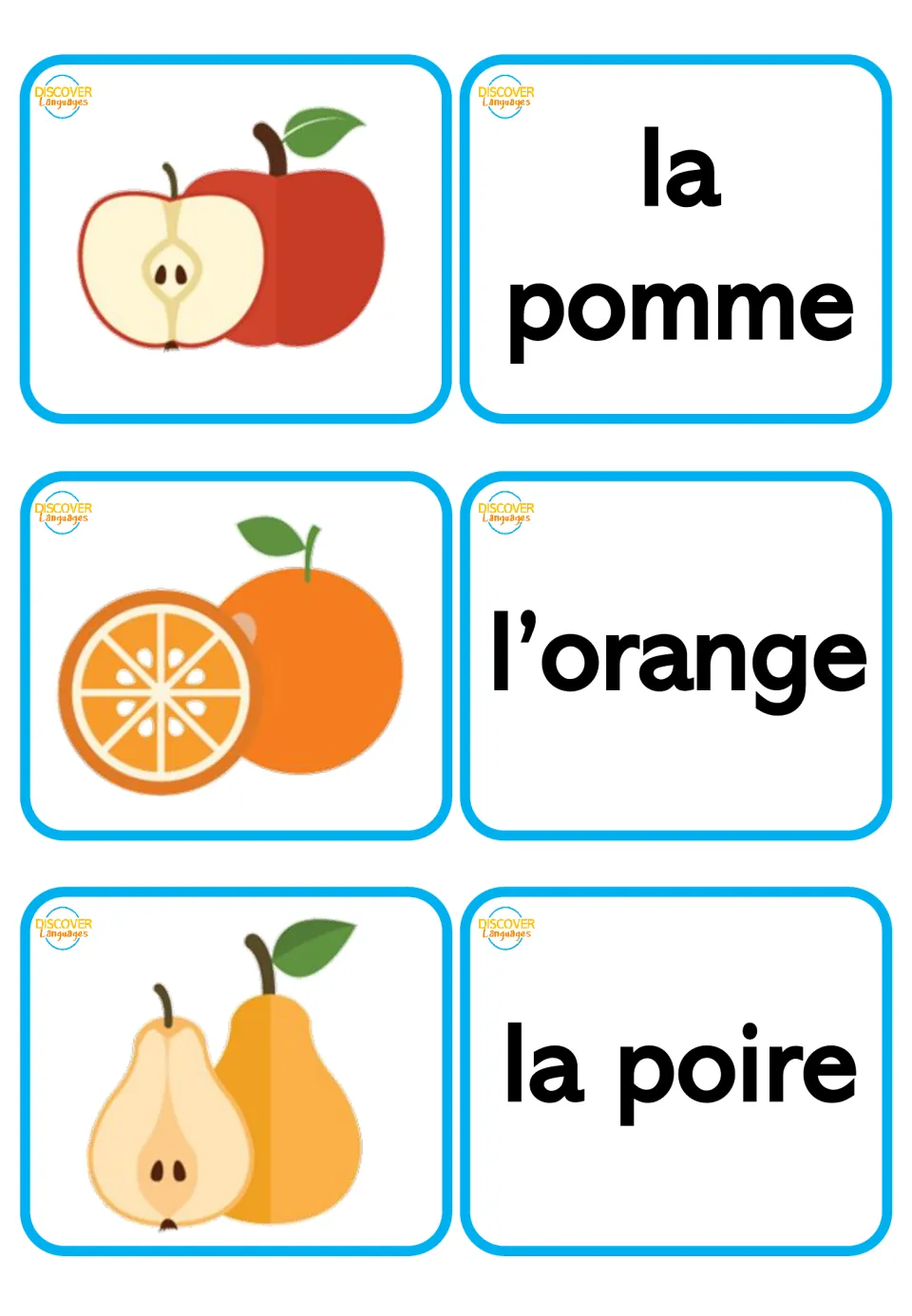 French-only fruit flashcard pairs: la pomme (apple), l’orange (orange), and la poire (pear), with pictures