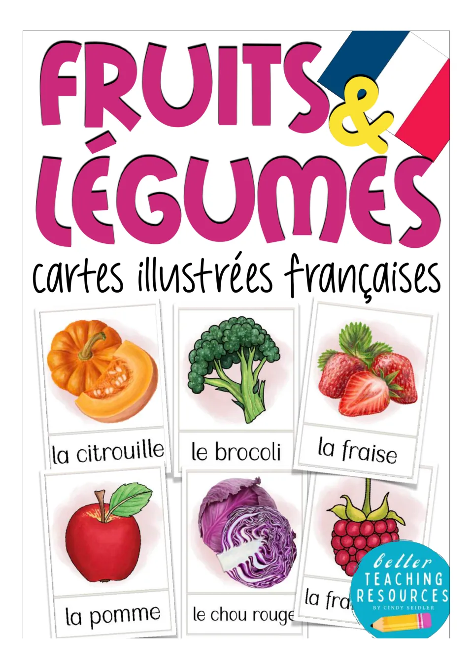 French vocabulary flashcard cover titled 'Fruits & Légumes' with sample fruit and vegetable cards