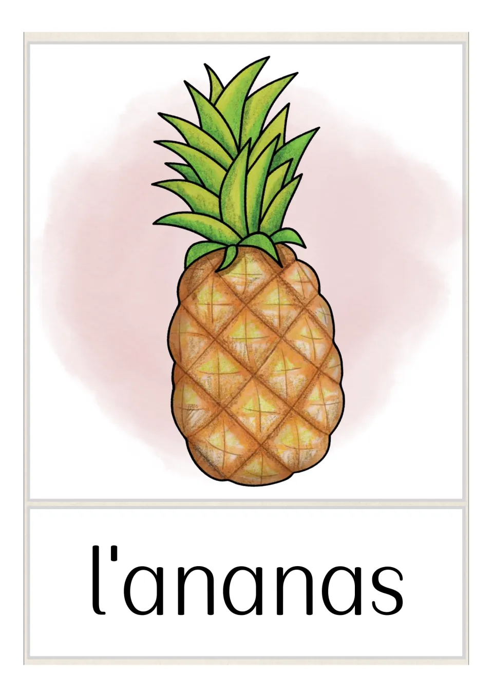 French fruit and vegetable vocabulary flashcard labeled 'l'ananas' (pineapple), with a pineapple illustration