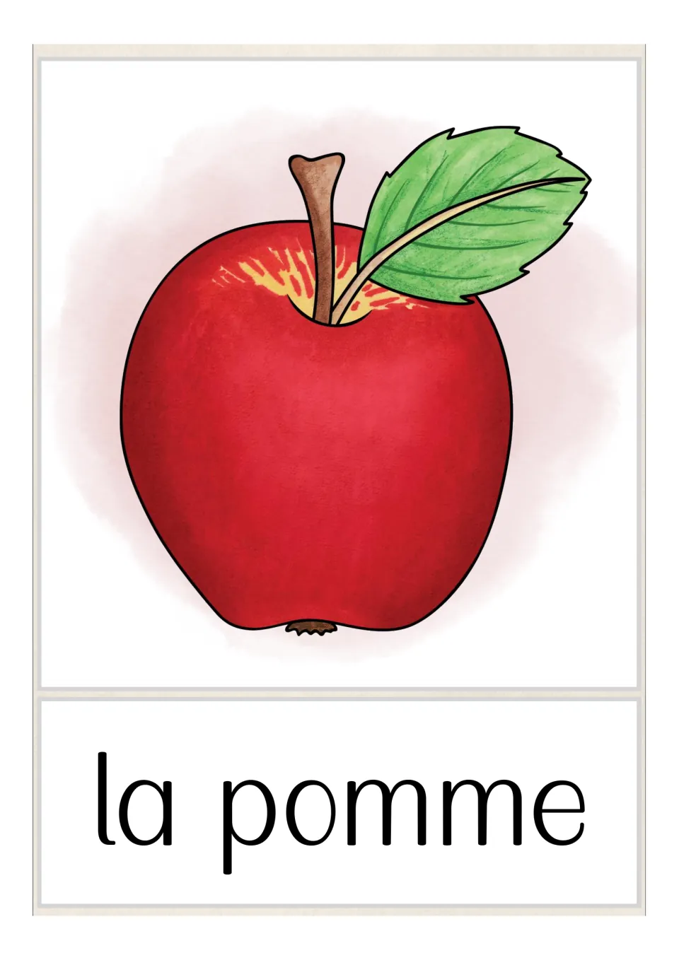 French fruit and vegetable vocabulary flashcard labeled 'la pomme' (apple), with a red apple illustration