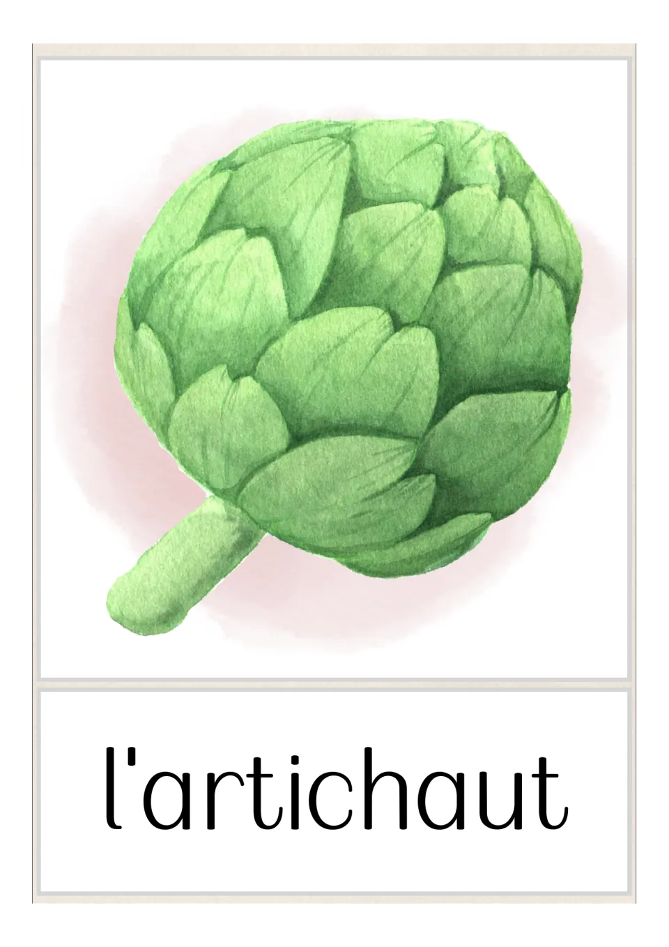 French fruit and vegetable vocabulary flashcard labeled 'l'artichaut' (artichoke), with an artichoke illustration