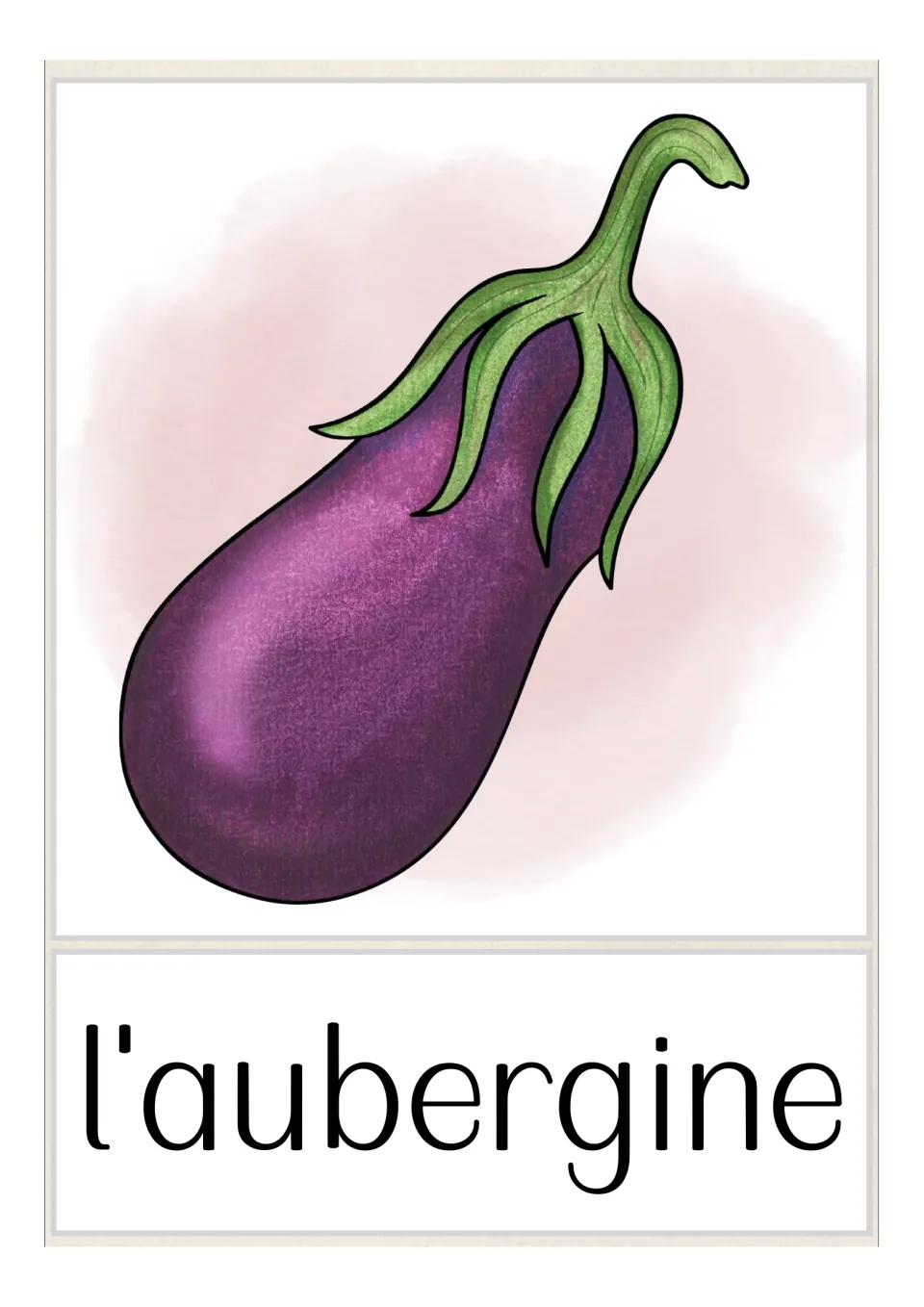 French fruit and vegetable vocabulary flashcard labeled 'l'aubergine' (eggplant), with an eggplant illustration