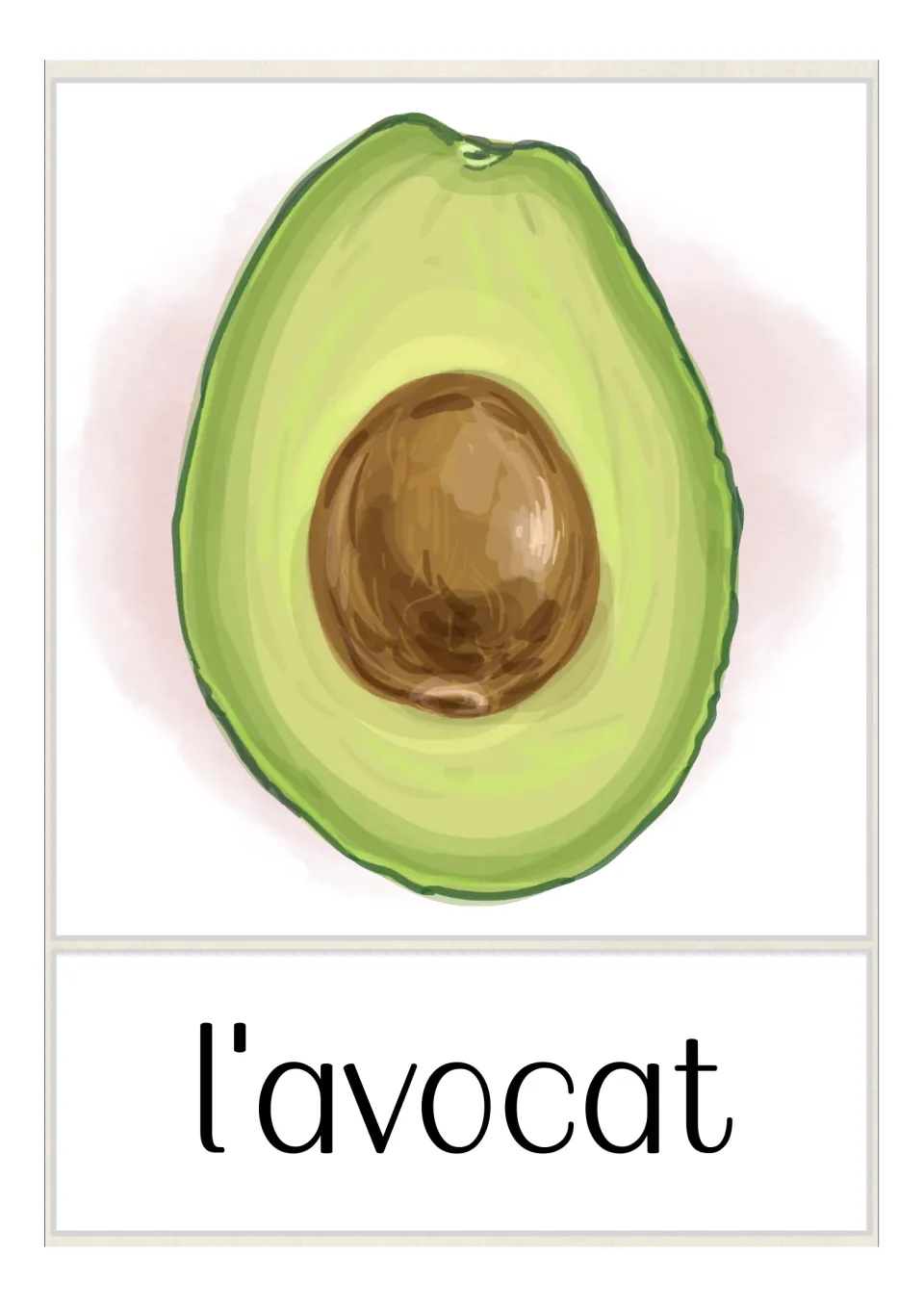 French fruit and vegetable vocabulary flashcard labeled 'l'avocat' (avocado), showing an avocado half with its pit