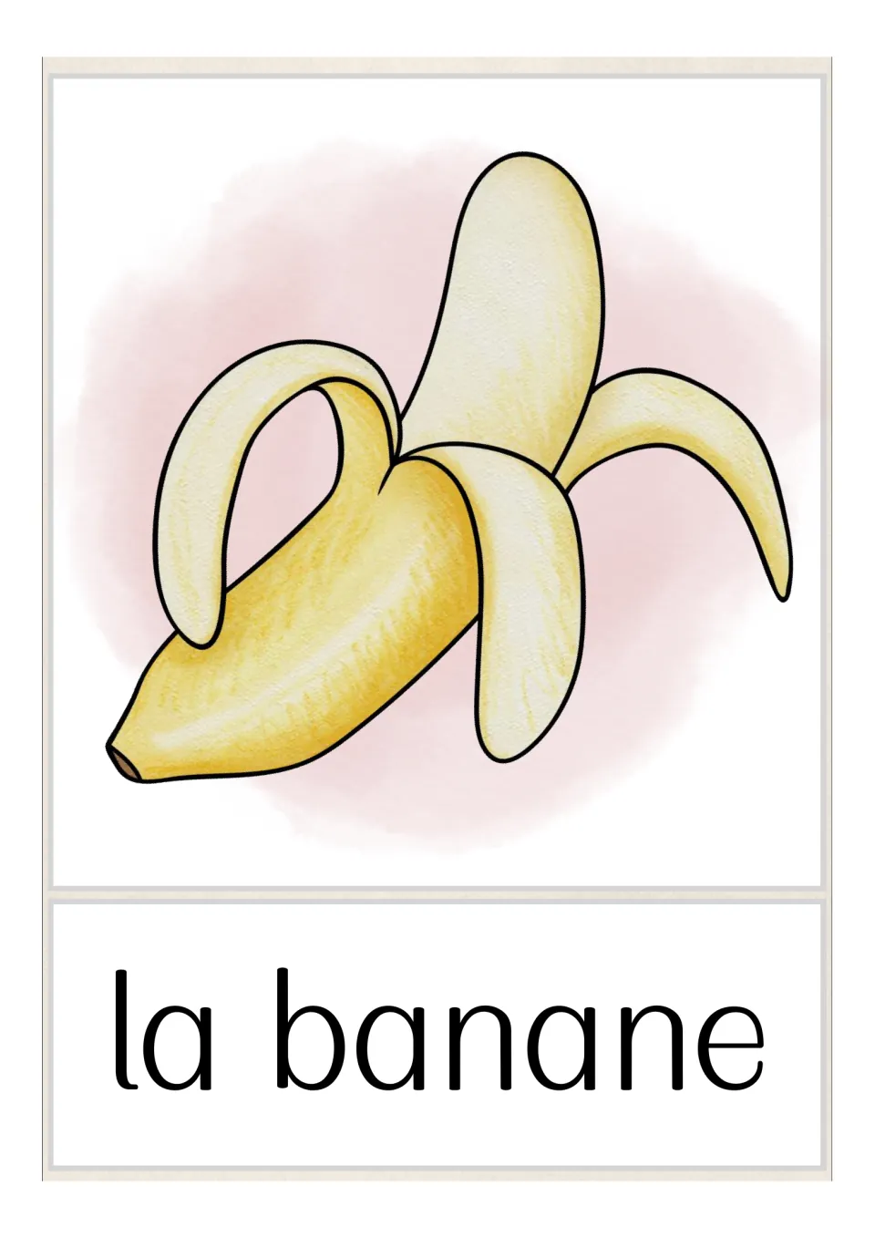 French fruit and vegetable vocabulary flashcard labeled 'la banane' (banana), showing a partially peeled banana