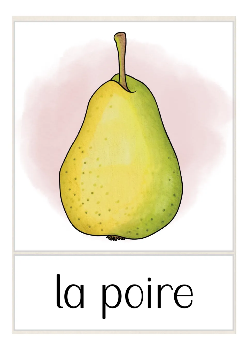French fruit and vegetable vocabulary flashcard labeled 'la poire' (pear), with a yellow-green pear illustration
