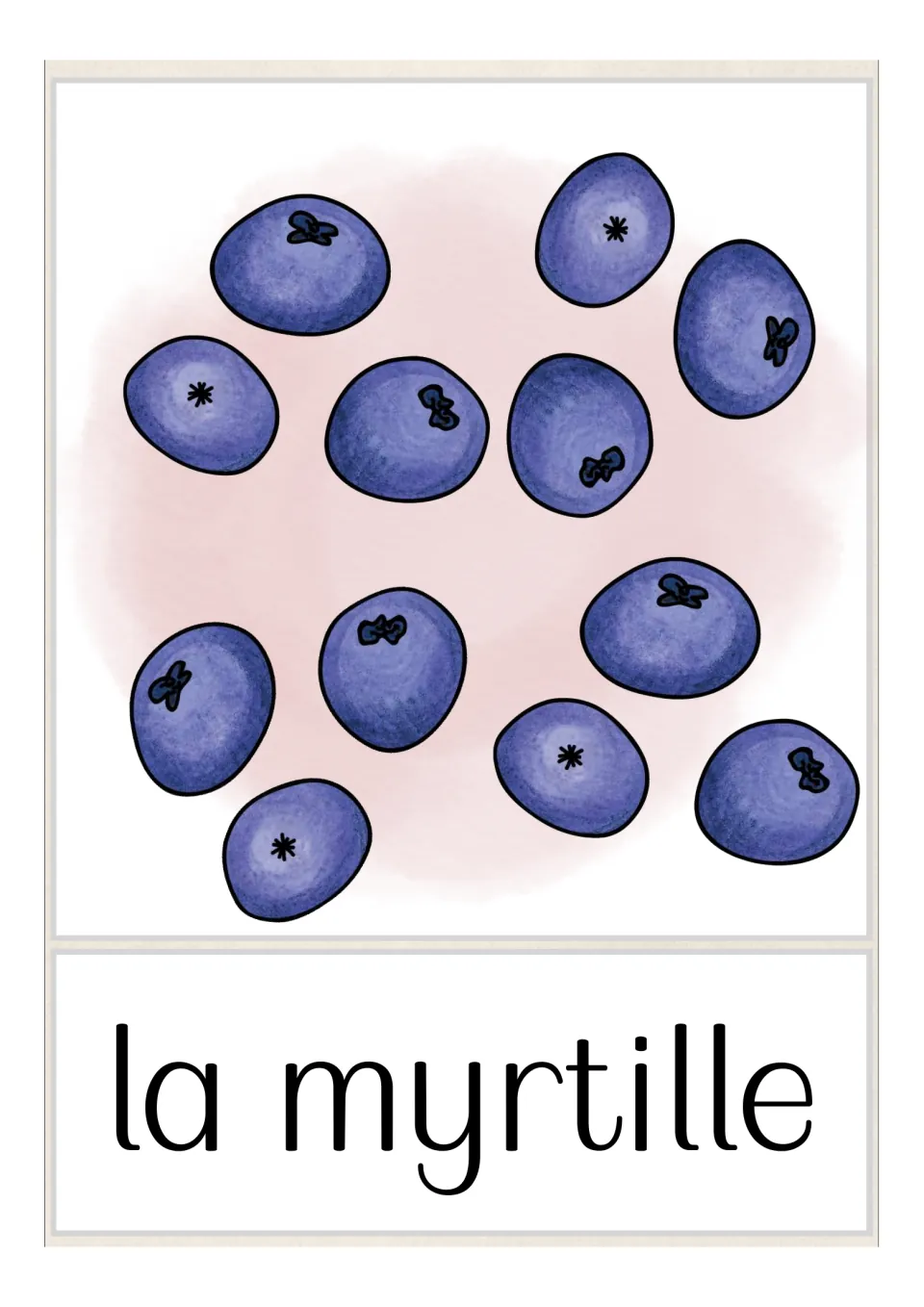 French fruit and vegetable vocabulary flashcard labeled 'la myrtille' (blueberry), showing several blueberries