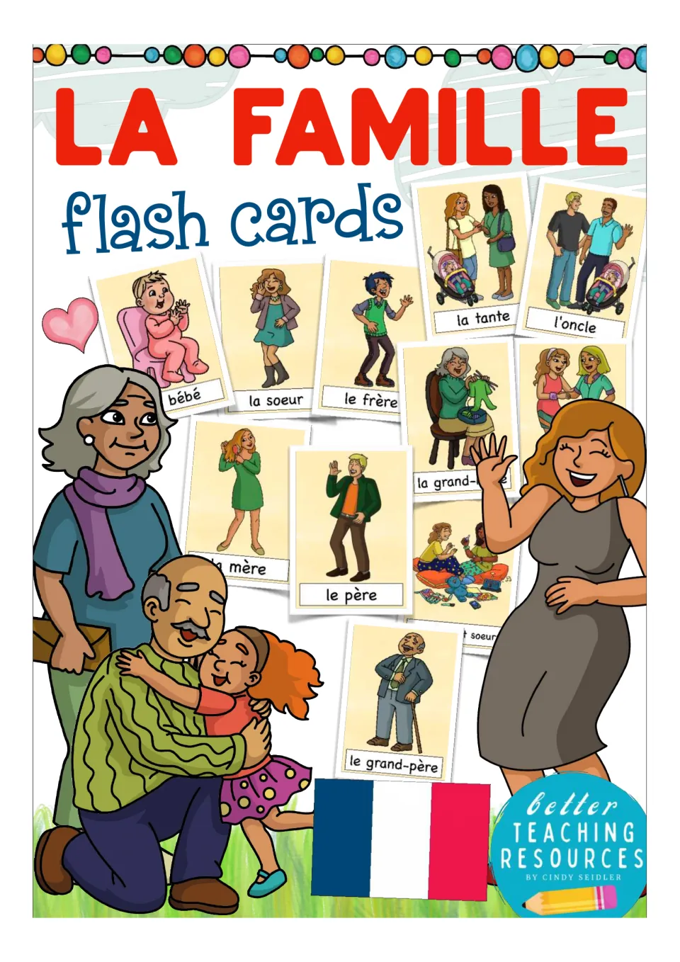 La Famille flash cards cover: illustrated French family word cards like la tante, l'oncle, le père and le grand-père