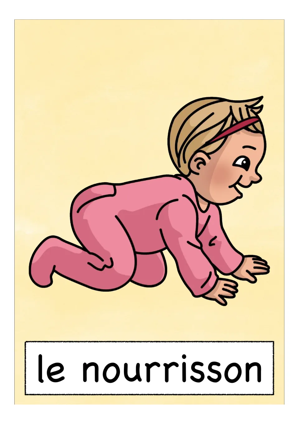 French family word card 'le nourrisson' (infant): a baby in a pink sleepsuit crawling, for picture-word recall
