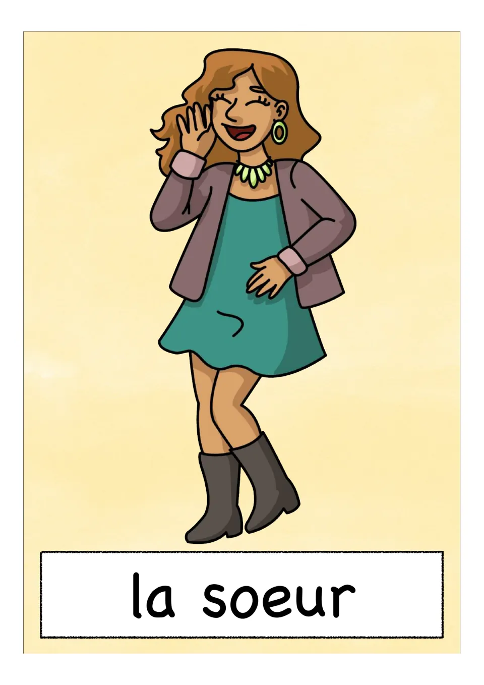 French word card 'la soeur' (sister): a laughing young woman in a teal dress and boots, showing the feminine article la