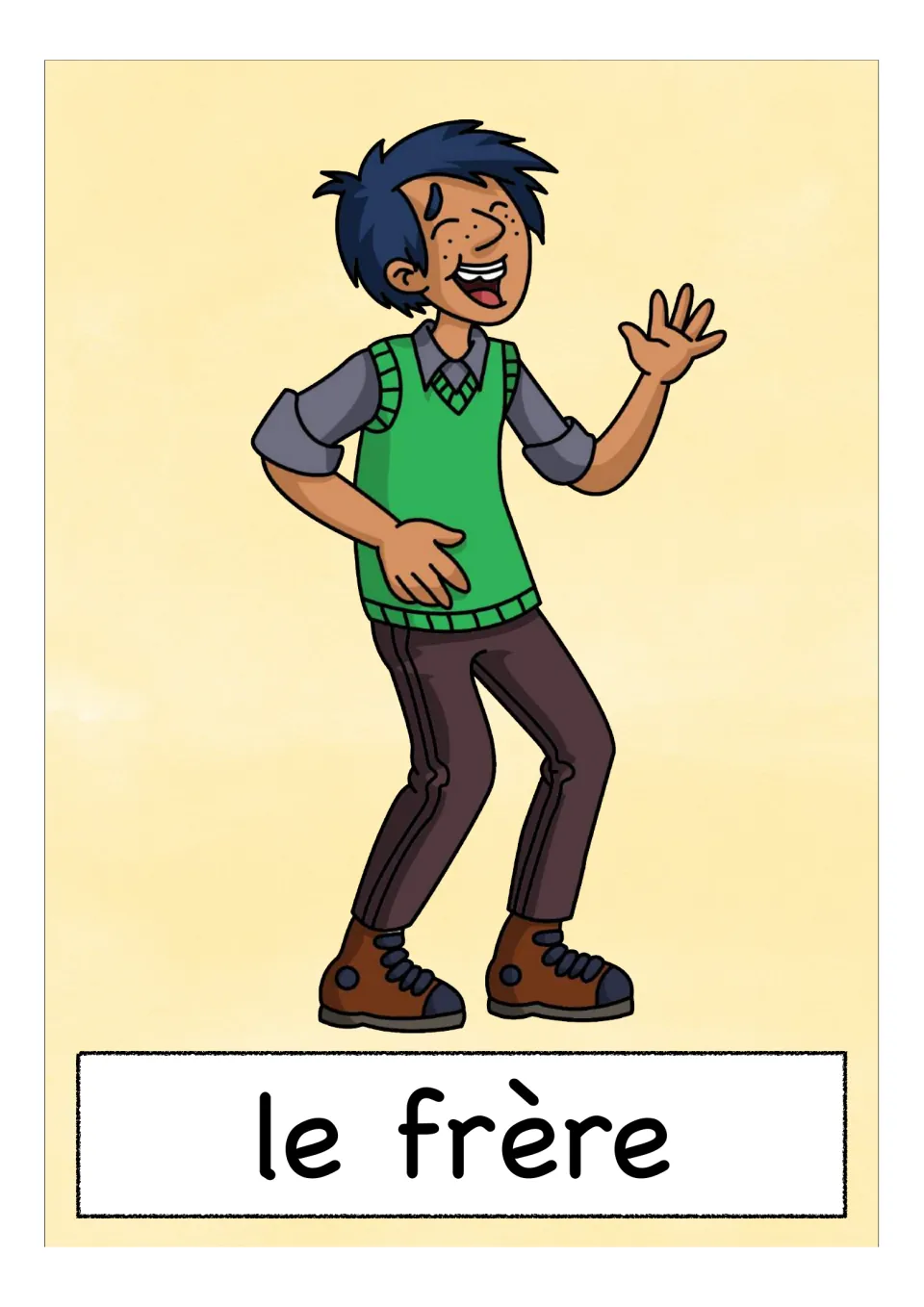 Flash card 'le frère' (brother): a laughing teen boy with blue hair in a green sweater vest waving, for naming siblings