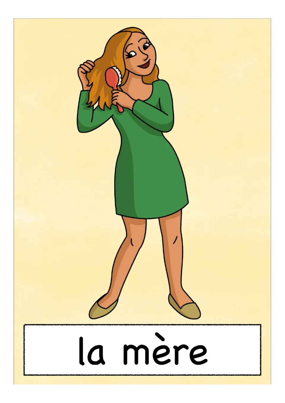 Picture card 'la mère' (mother): a woman in a green dress brushing her long hair, with the French word printed below