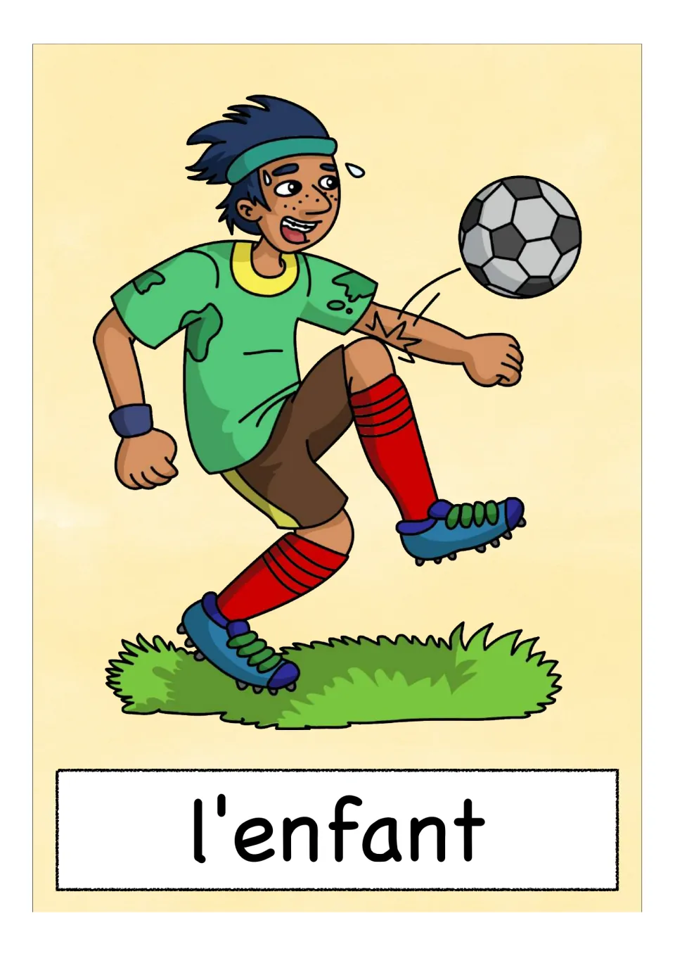 French card 'l'enfant' (child): a boy in a green shirt and red socks kicking a soccer ball on grass, noun shown below