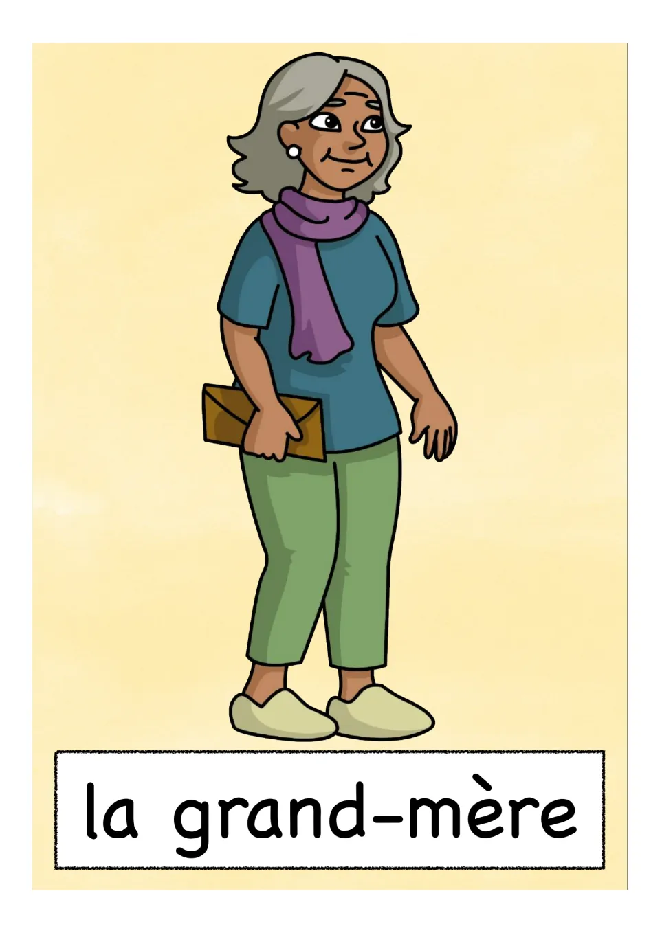Word card 'la grand-mère' (grandmother): a grey-haired woman in a purple scarf holding an envelope, to name grandparents