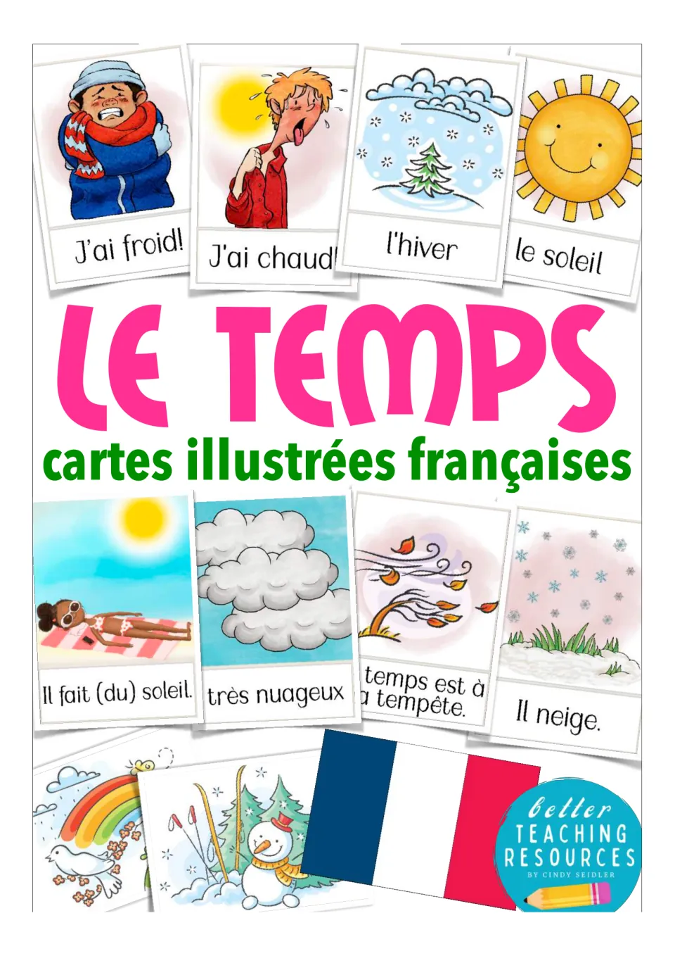 French weather flashcard cover labeled 'Le Temps' with sample cards for seasons, weather, and temperature