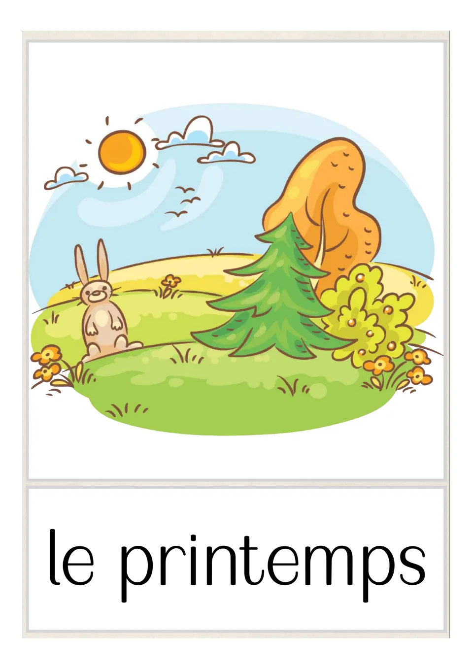 French season flashcard labeled 'le printemps' (spring), illustrated with a rabbit, trees, and flowers