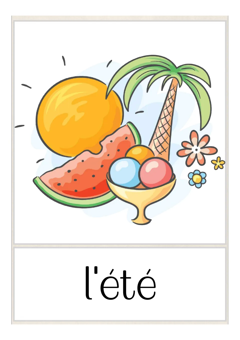French season flashcard labeled 'l'été' (summer), illustrated with sunshine, watermelon, and ice cream