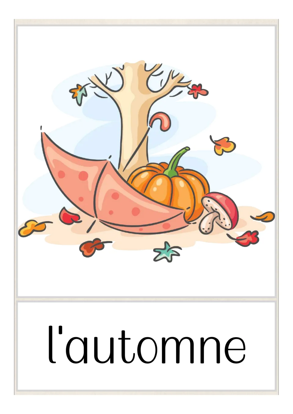 French season flashcard labeled 'l'automne' (fall), illustrated with an umbrella, pumpkin, and falling leaves