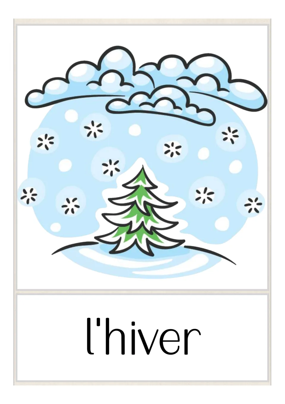 French season flashcard labeled 'l'hiver' (winter), illustrated with falling snow and a snow-covered evergreen