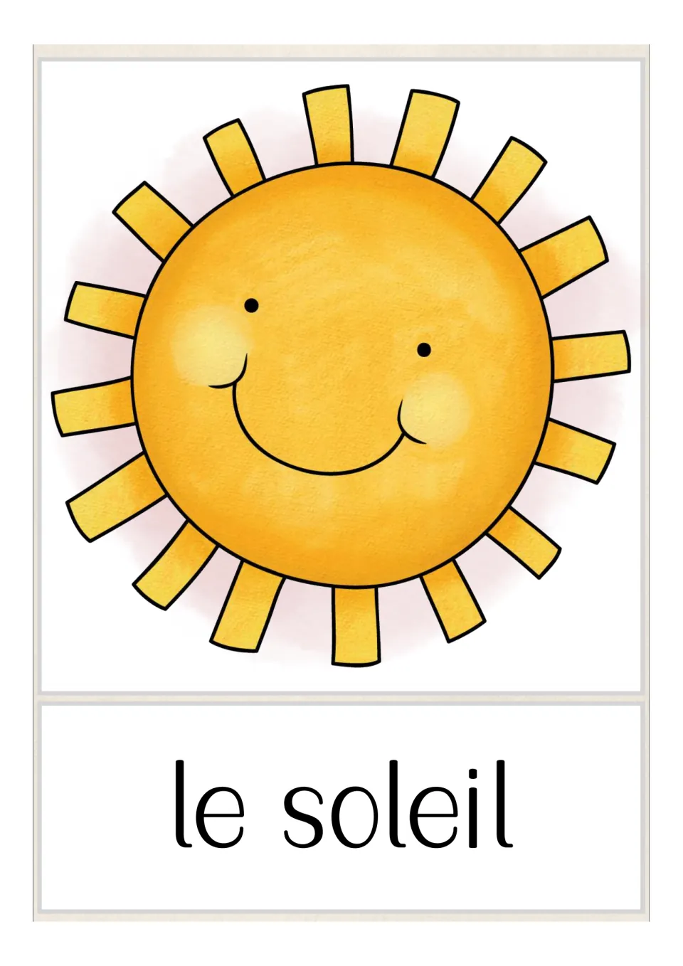 French weather vocabulary flashcard labeled 'le soleil' (the sun), illustrated with a smiling yellow sun