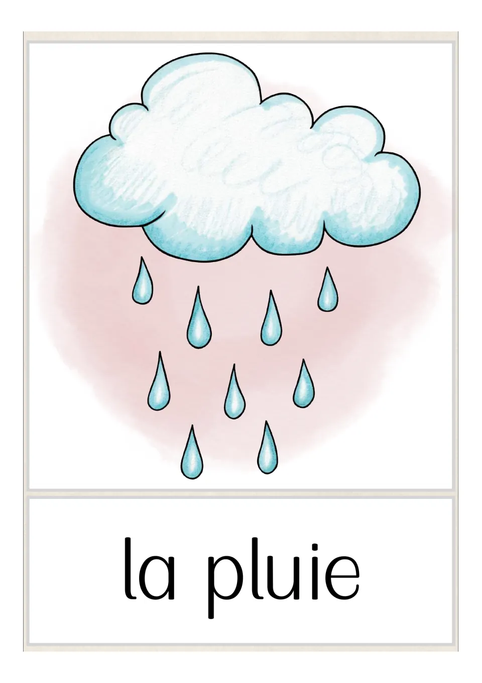 French weather vocabulary flashcard labeled 'la pluie' (rain), illustrated with a cloud and falling raindrops