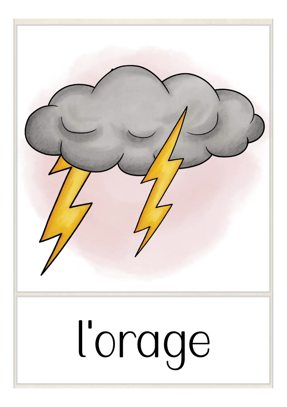 French weather flashcard labeled 'l'orage' (thunderstorm), illustrated with a dark cloud and lightning bolts