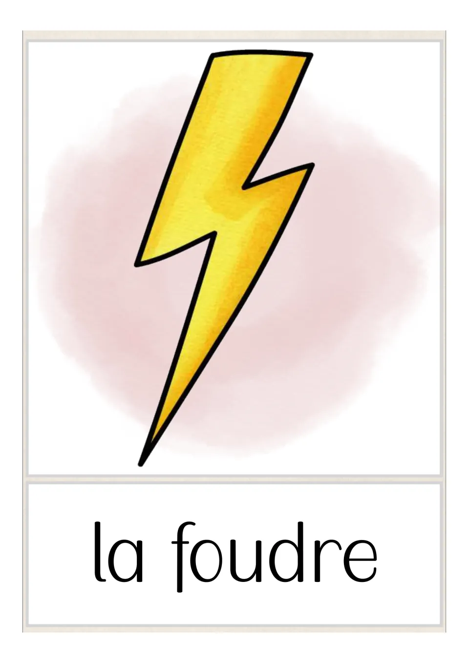 French weather vocabulary flashcard labeled 'la foudre' (lightning), illustrated with a yellow lightning bolt