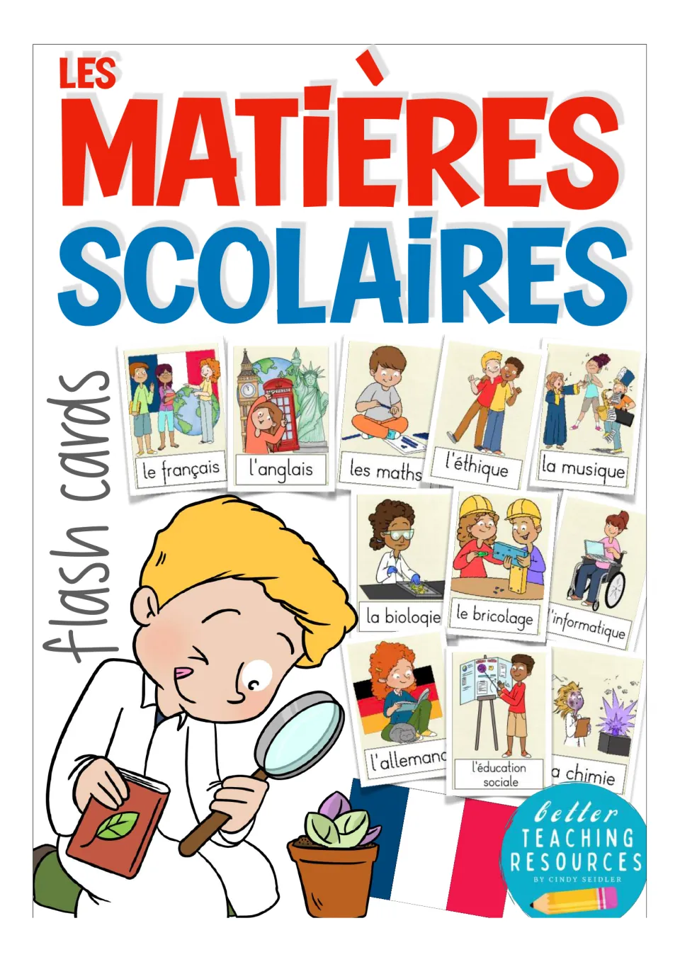 Cover of Les Matières Scolaires French flashcards, showing sample illustrated school-subject vocabulary cards