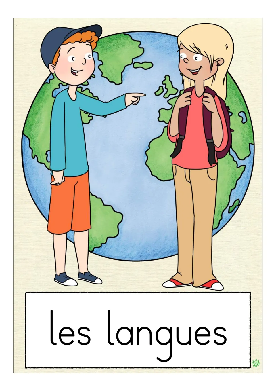 French school-subject flashcard labeled 'les langues' (languages), showing two students beside a globe