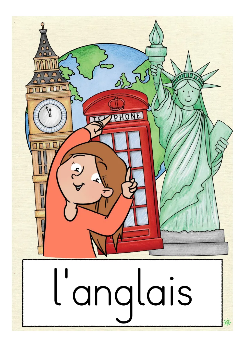 French school-subject flashcard labeled 'l'anglais' (English), showing Big Ben and the Statue of Liberty