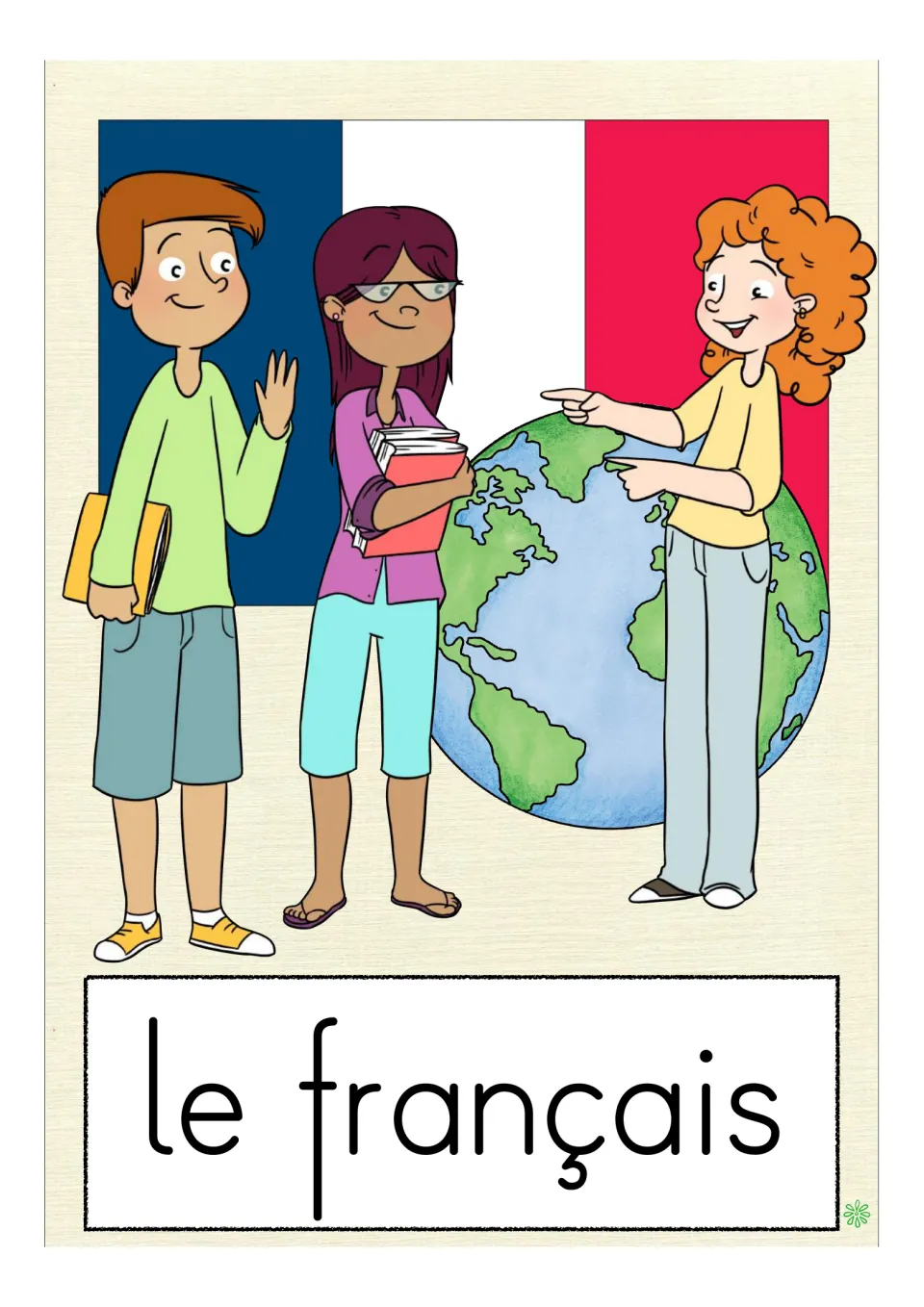French school-subject flashcard labeled 'le français' (French), showing students, a globe and a French flag