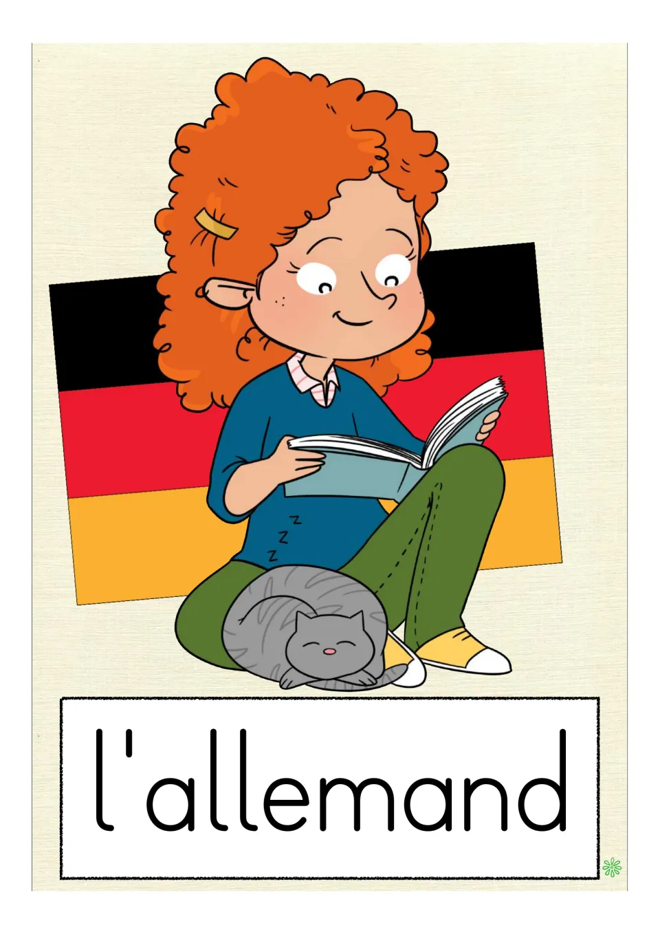 French school-subject flashcard labeled 'l'allemand' (German), showing a student reading by a German flag