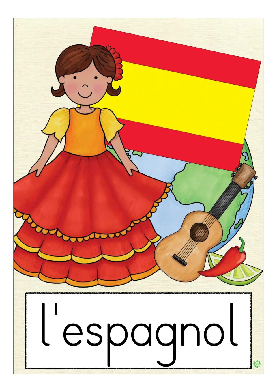 French school-subject flashcard labeled 'l'espagnol' (Spanish), showing a dancer, Spanish flag and guitar